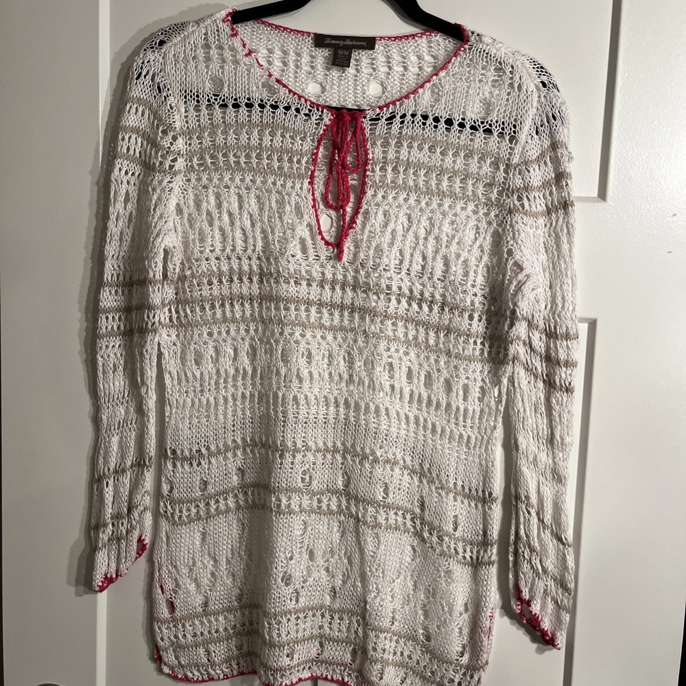 Tommy Bahama Womens White Beige Crochet Striped Linen Swim Cover Up Size M